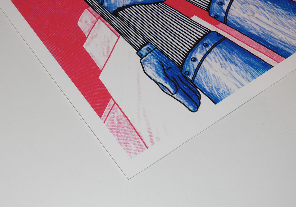 Corner and border detail of sci-fi Robot illustration by Ferdia McMorrow. Blue & Red